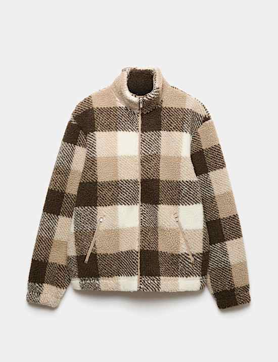 Checked Funnel Neck Zip Up Fleece