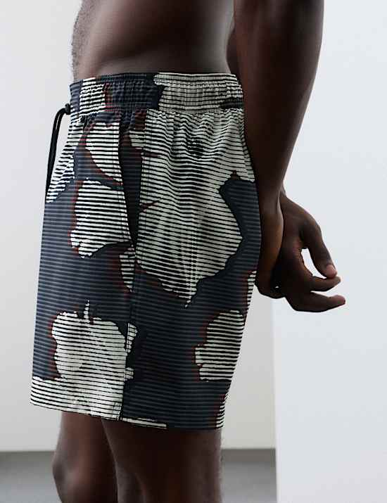 Pocketed Linear Floral Print Swim Shorts