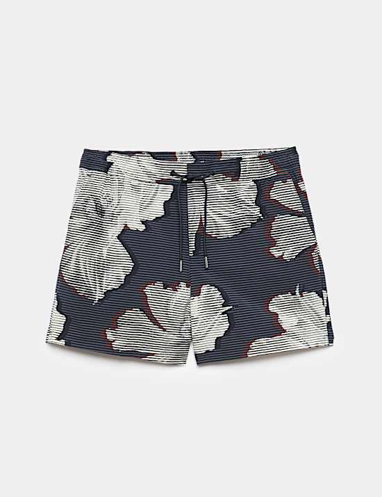Pocketed Linear Floral Print Swim Shorts