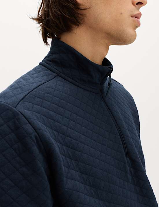 Cotton Blend Quilted Funnel Neck Sweatshirt