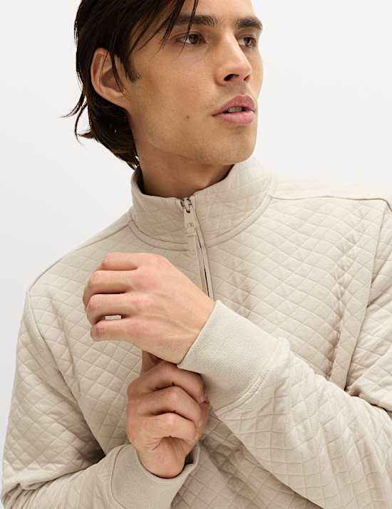 Cotton Blend Quilted Funnel Neck Sweatshirt