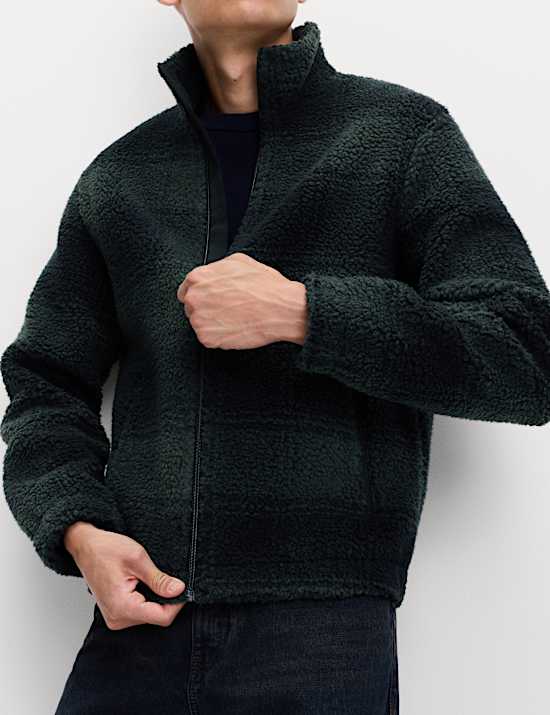 Fleece Jacquard Checked Zip Up Jacket