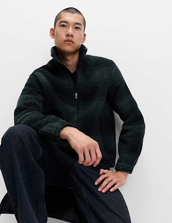 Fleece Jacquard Checked Zip Up Jacket