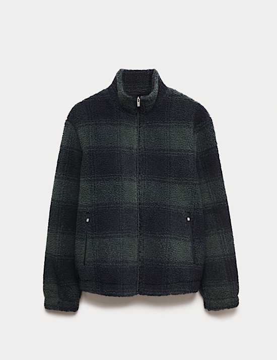 Fleece Jacquard Checked Zip Up Jacket