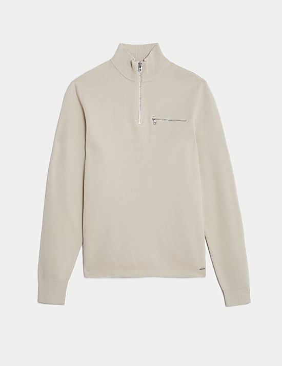 סריג מבד עשיר בכותנה עם צווארון נשפך ורוכסן חלקי