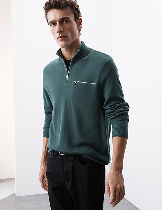 Katoenrijke trui met halflange rits en opstaande kraag