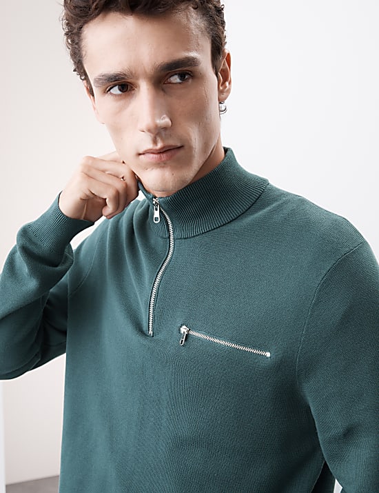 Katoenrijke trui met halflange rits en opstaande kraag