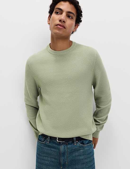 Pure Cotton Textured Crew Neck Jumper