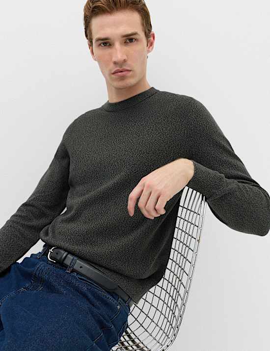 Pure Cotton Textured Crew Neck Jumper