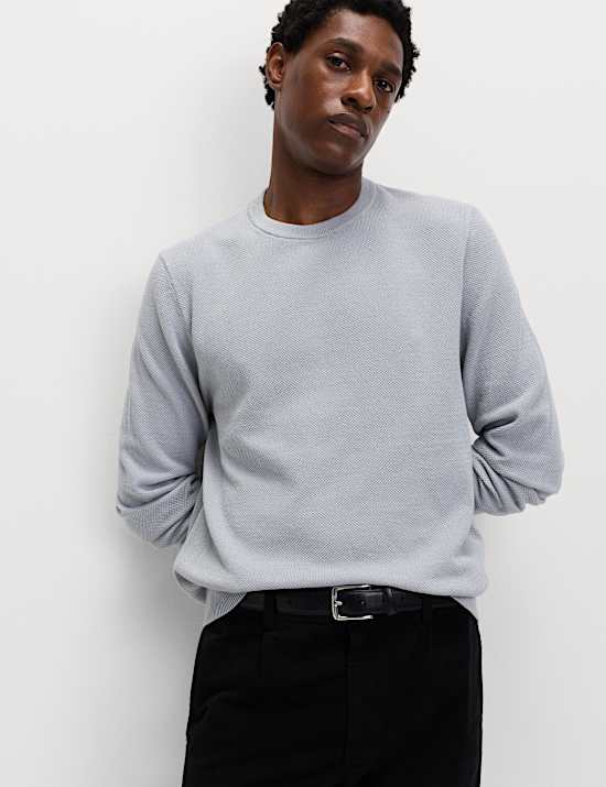 Pure Cotton Textured Crew Neck Jumper