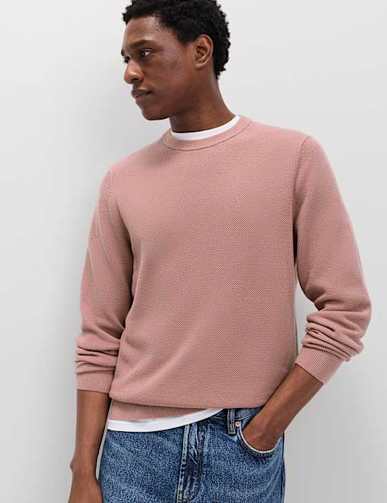Pure Cotton Textured Crew Neck Jumper
