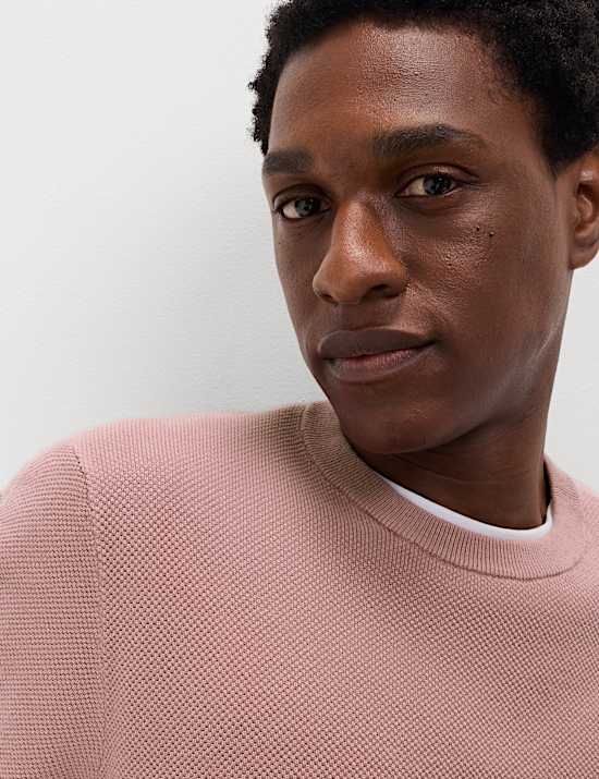 Pure Cotton Textured Crew Neck Jumper