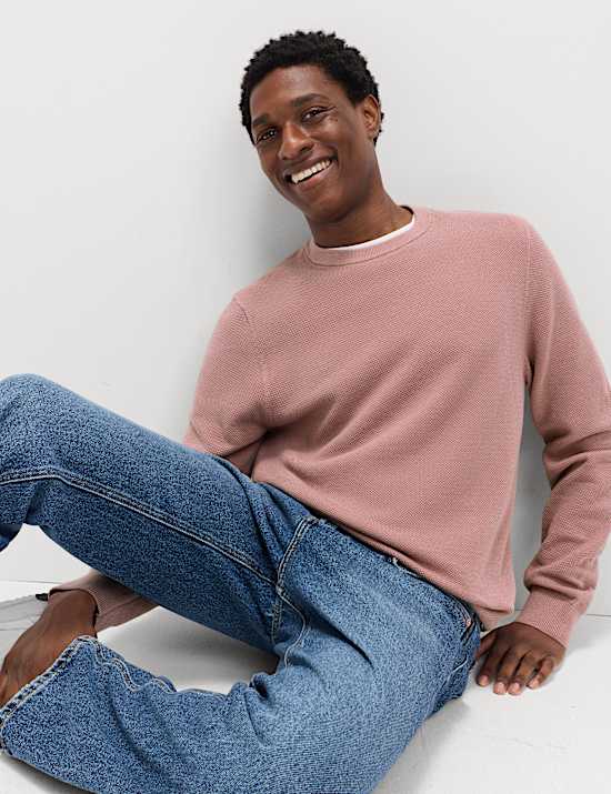 Pure Cotton Textured Crew Neck Jumper