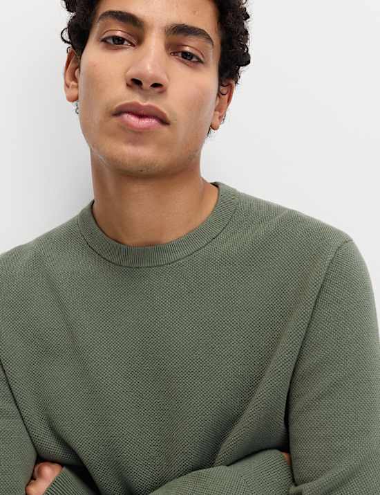 Pure Cotton Textured Crew Neck Jumper