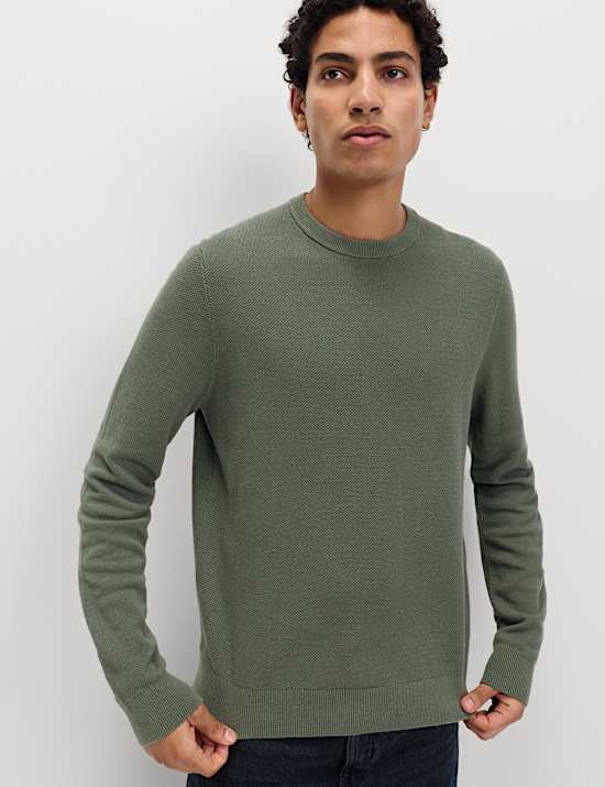 Pure Cotton Textured Crew Neck Jumper