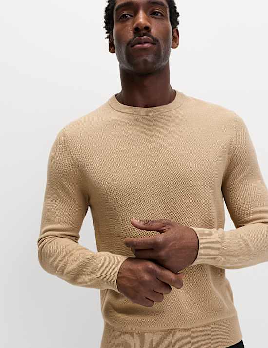 Pure Cotton Textured Crew Neck Jumper