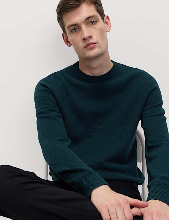 Pure Cotton Textured Crew Neck Jumper