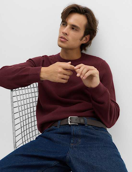 Pure Cotton Textured Crew Neck Jumper