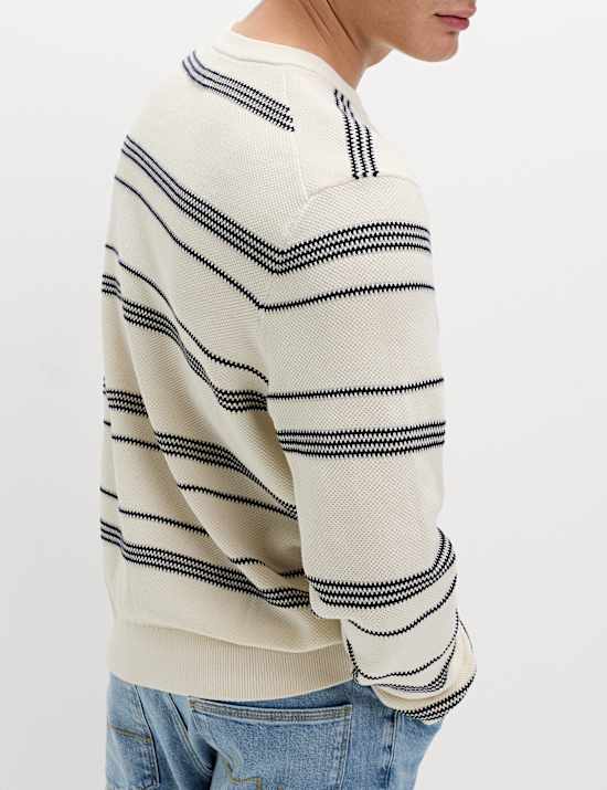 Pull 100 % coton textur&eacute; &agrave; rayures