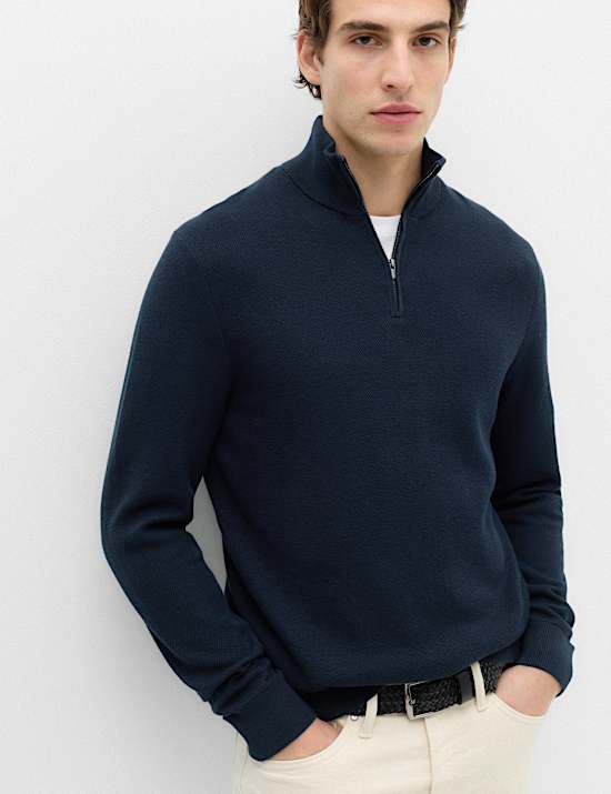 Pull 100 % coton textur&eacute; avec encolure &agrave; fermeture &agrave; glissi&egrave;re