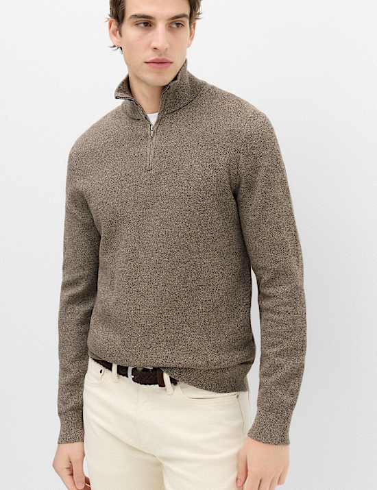 Pure Cotton Textured Half Zip Jumper