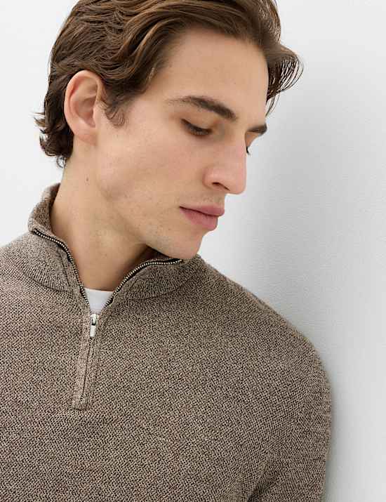 Pure Cotton Textured Half Zip Jumper