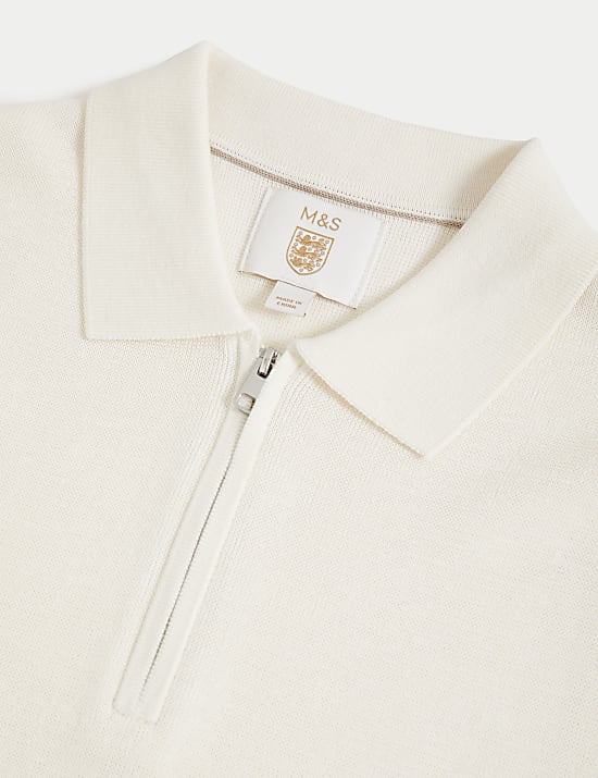 Pure Cotton Zip Up Knitted Polo Shirt