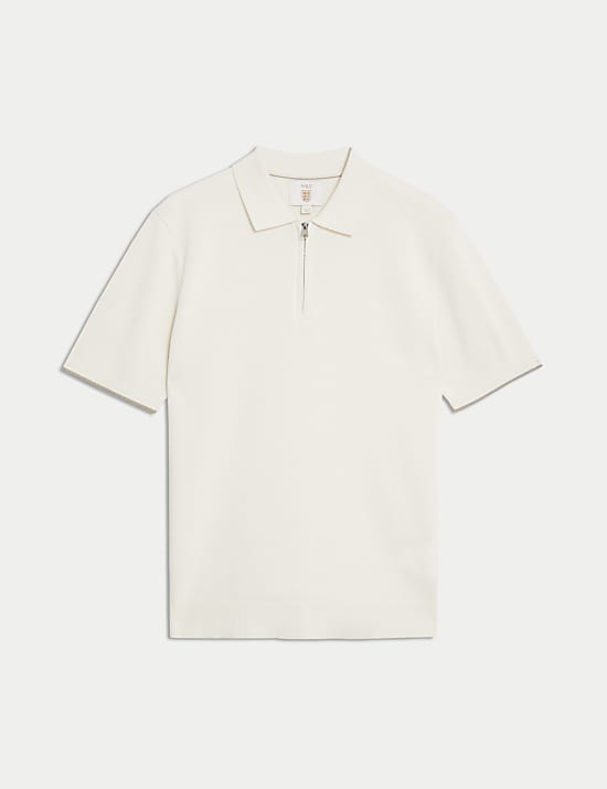 Pure Cotton Zip Up Knitted Polo Shirt
