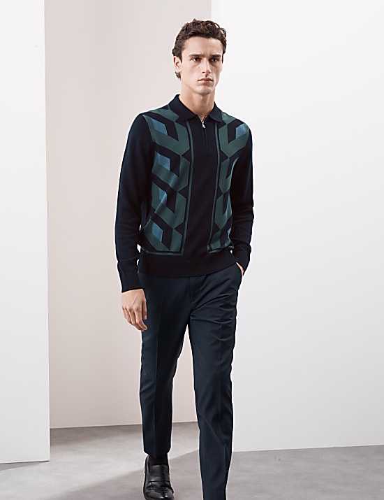 Cotton Rich Geometric Zip Up Knitted Polo Shirt
