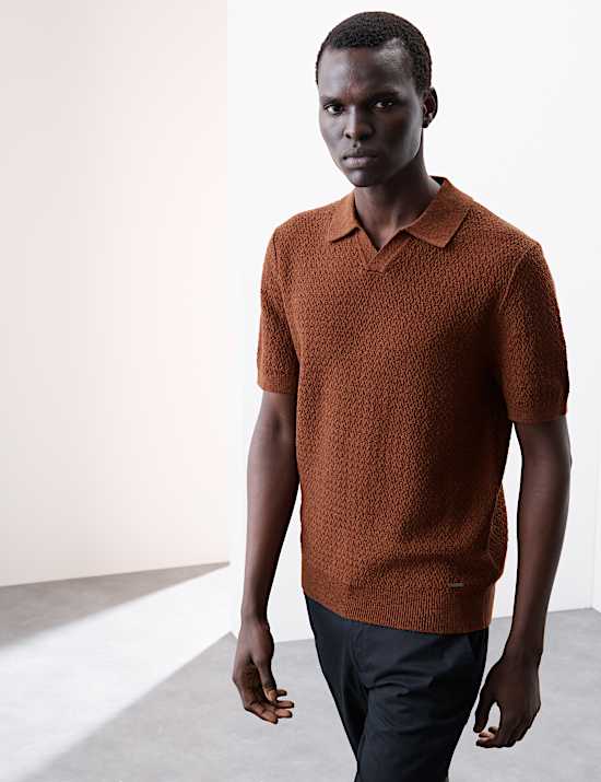 Linen Rich Knitted Open Neck Polo Shirt