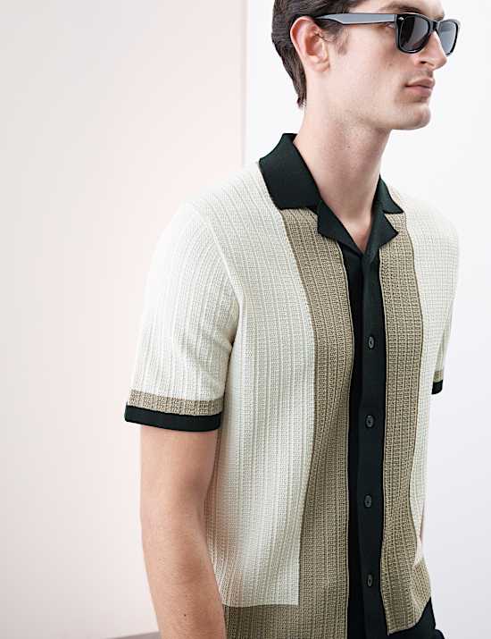 Mercerised Cotton Colour Block Knitted Polo Shirt