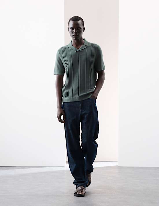 Pointelle Open Neck Knitted Polo Shirt