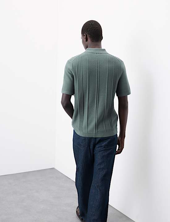 Pointelle Open Neck Knitted Polo Shirt