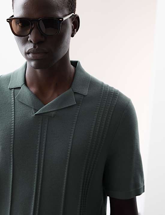 Pointelle Open Neck Knitted Polo Shirt