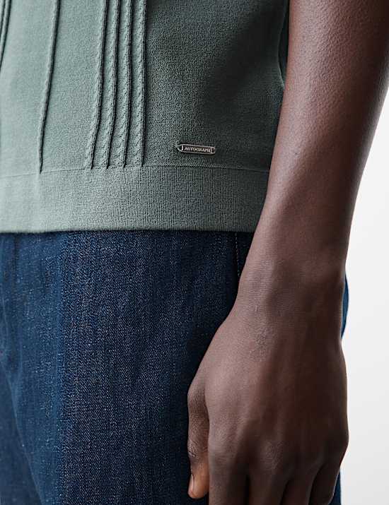 Pointelle Open Neck Knitted Polo Shirt