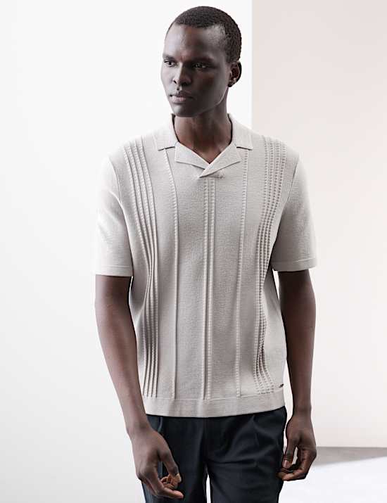 Pointelle Open Neck Knitted Polo Shirt