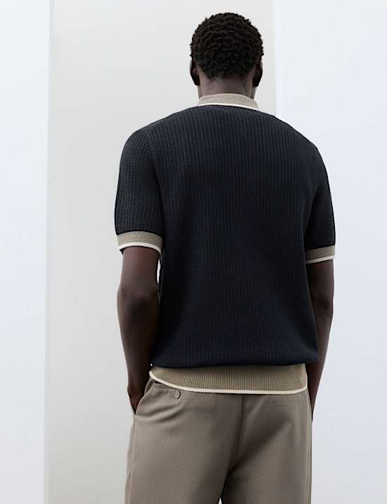 Pure Cotton Linear Stitch Zip Knitted Polo