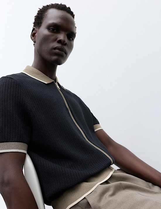 Pure Cotton Linear Stitch Zip Knitted Polo