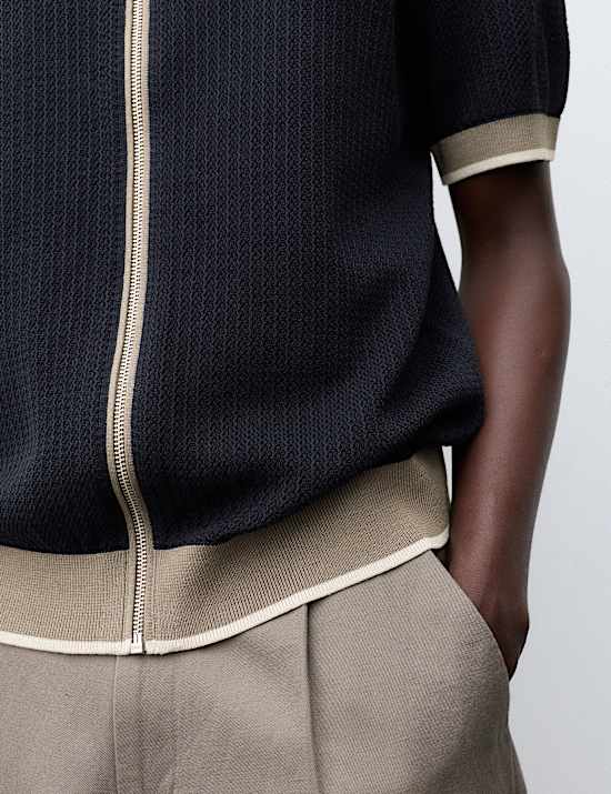 Pure Cotton Linear Stitch Zip Knitted Polo