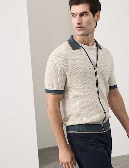 Pure Cotton Linear Stitch Zip Knitted Polo