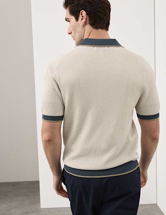 Pure Cotton Linear Stitch Zip Knitted Polo