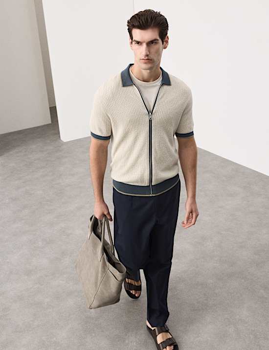 Pure Cotton Linear Stitch Zip Knitted Polo