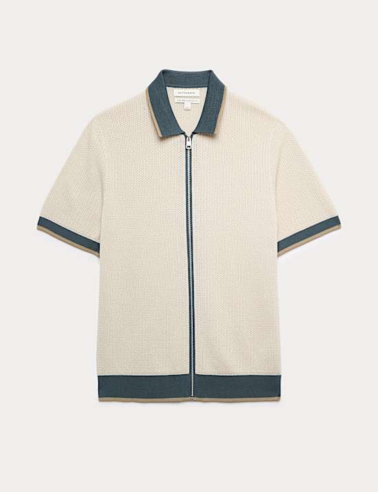 Pure Cotton Linear Stitch Zip Knitted Polo