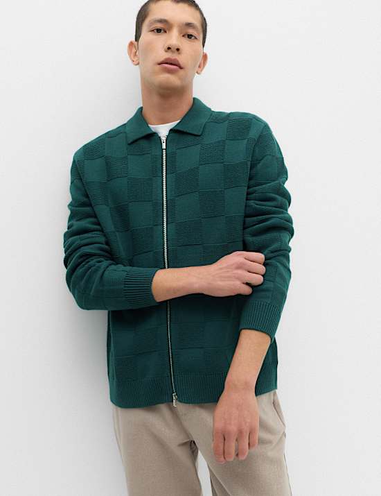 Cotton Rich Checked Zip Up Knitted Jacket