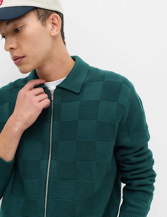 Cotton Rich Checked Zip Up Knitted Jacket