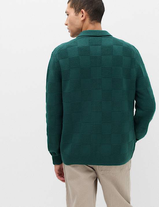 Cotton Rich Checked Zip Up Knitted Jacket