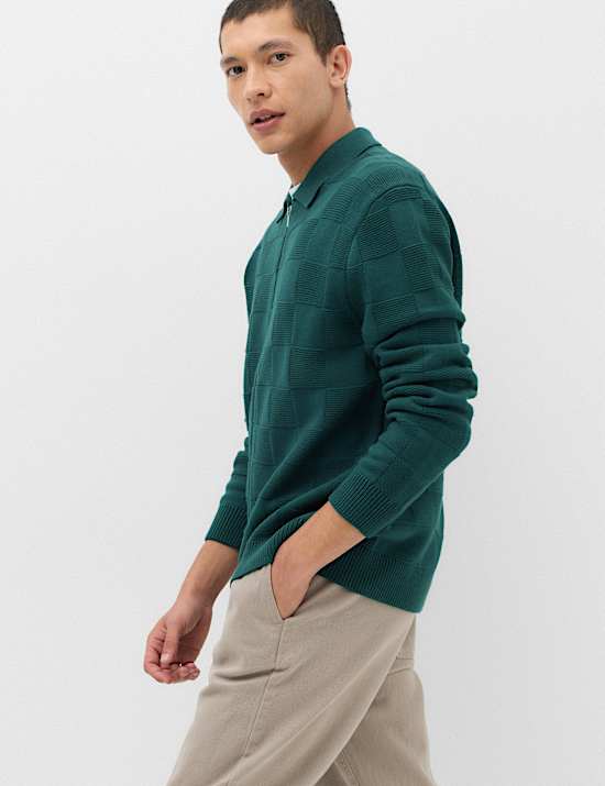 Cotton Rich Checked Zip Up Knitted Jacket