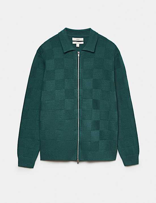 Cotton Rich Checked Zip Up Knitted Jacket