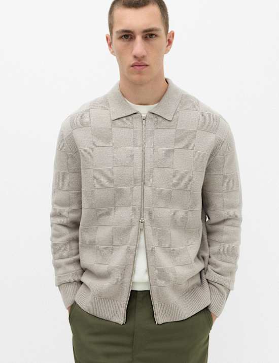 Cotton Rich Checked Zip Up Knitted Jacket