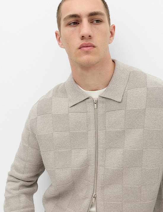 Cotton Rich Checked Zip Up Knitted Jacket